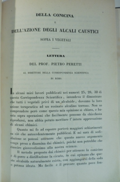 Della conicina e dell'azione degli alcali caustici sopra i vegetali. Lettera